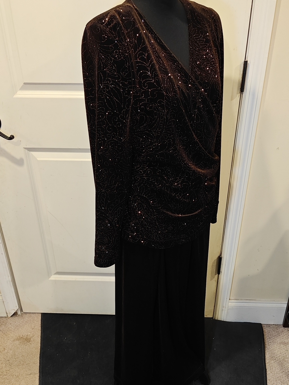 R&K Dark Brown Velvet Beaded Wrap-Style Long Sleeve Dress